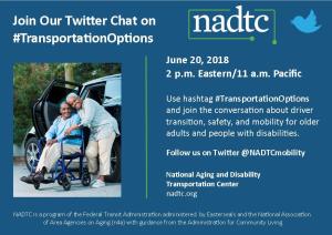 Man in wheelchair with woman caregiver leaning in behind him. Includes the text "Join our Twitter Chat on Transportation Options"