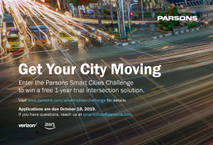 Decorative image of vehicles in a city, with text: Get Your City Moving. Enter the Parsons Smart Cities Challenge to win a free 1-year trial intersection solution.