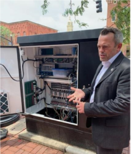 City of Marysville, OH Public Services Director Mike Andrako shows visitors the connected cabinet interior.
