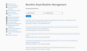 Screenshot of search results for ITS Benefits for Road Weather Management