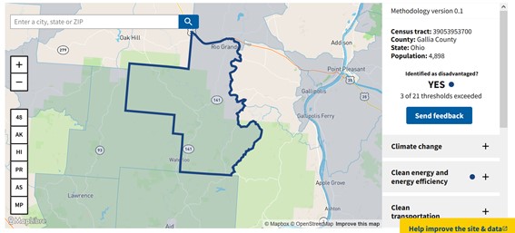 Map of Gallia County, Ohio showing that the Census tract is considered disadvantaged based on economic and environmental burdens.