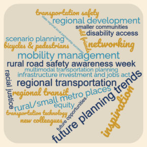 Word cloud with over 10 reasons to attend the conference, including networking, regional transportation, future planning trends, and more.