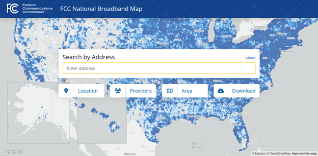 U.S. map showing broadband availability with a "search by address" box for map users. Darker blue areas are estimated to have higher broadband availability.