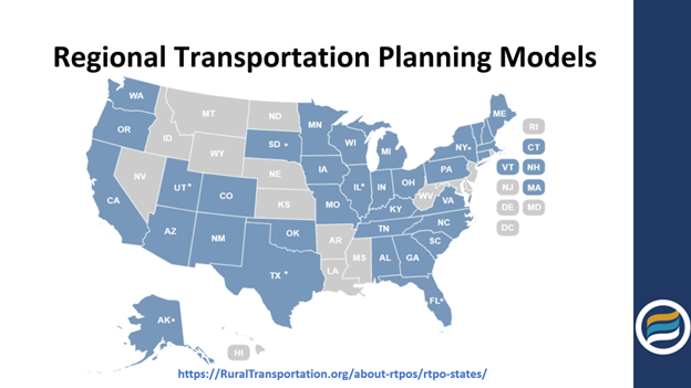 U.S. map of states where there is a model for conducting regional transportation planning programs in rural areas, shown in dark blue. Areas without such programs are in light gray.