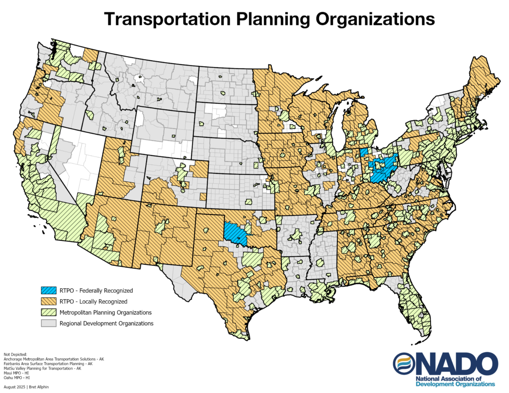 A map of regional transportation planning and metropolitan planning organizations.