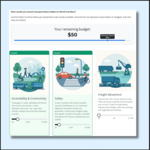Screenshot showing 3 different options in a participatory budgeting tool from PublicInput