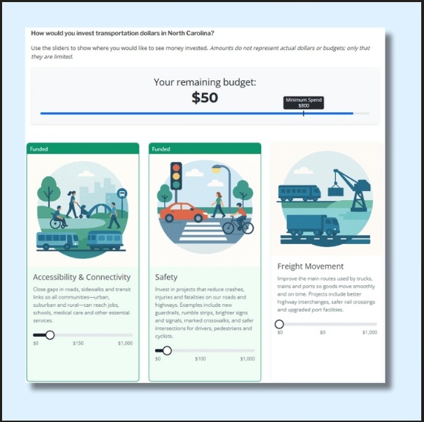 Screenshot showing 3 different options in a participatory budgeting tool from PublicInput